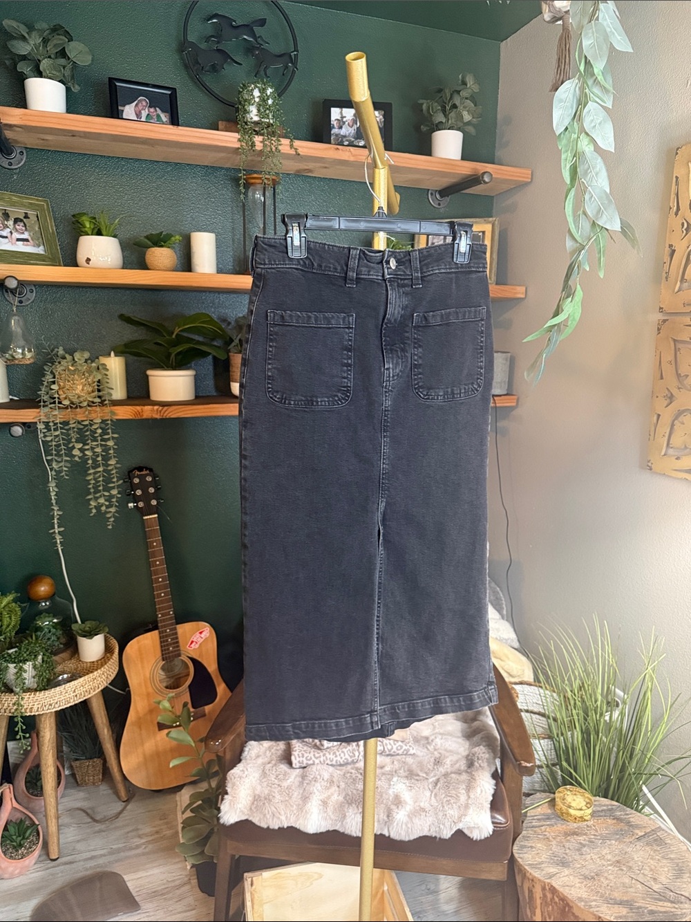 GAP Black Denim Midi Skirt with Front Patch Pockets